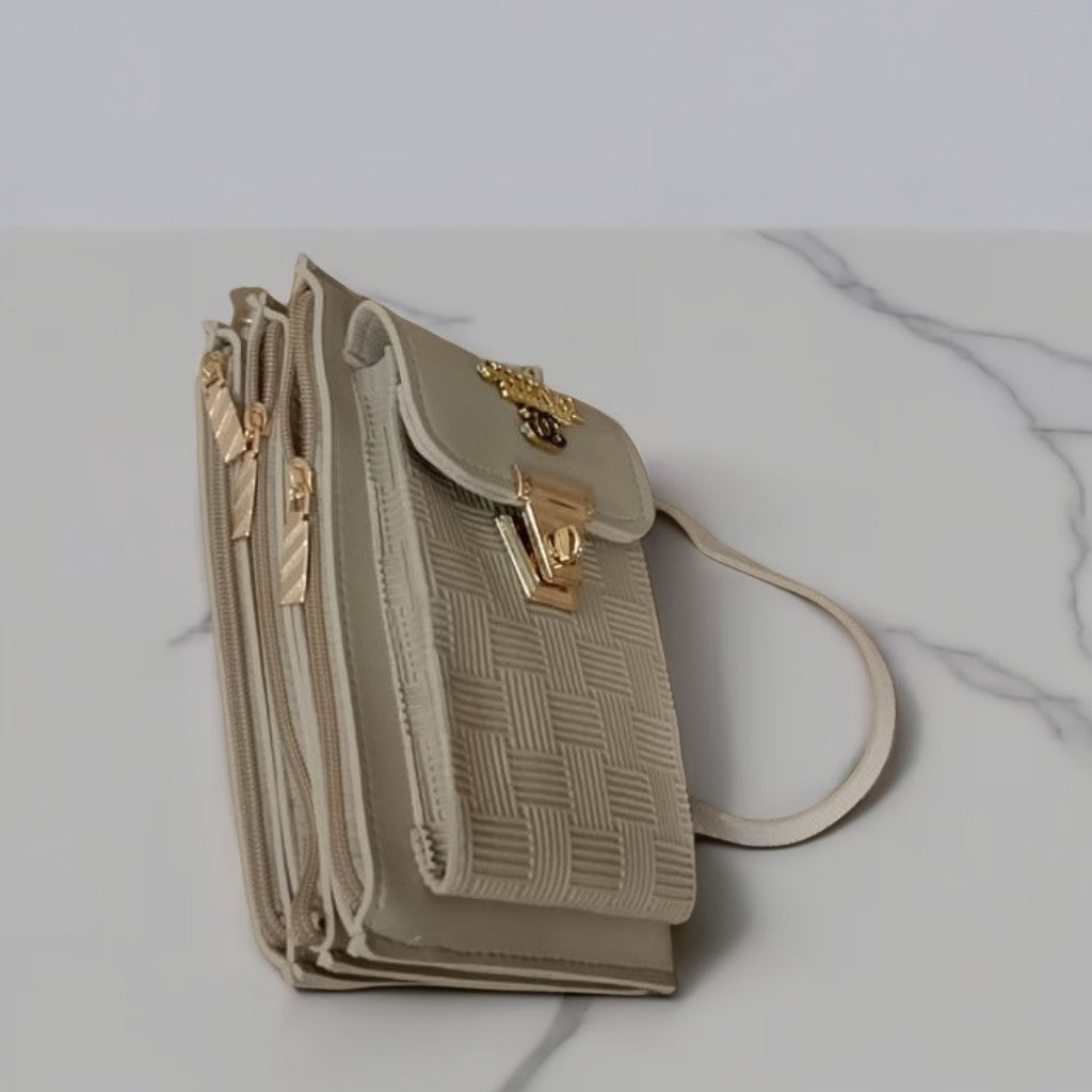 "Elegant Sage Green and Beige Crossbody Bag with Gold Clasp"