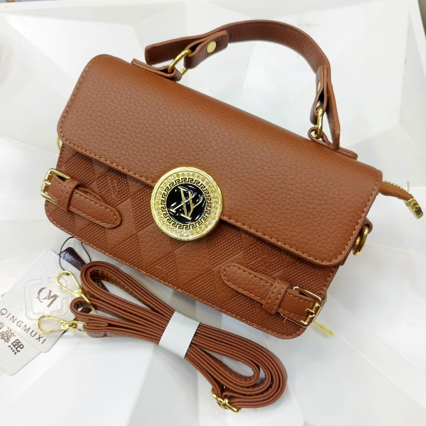 Elegant Monogram Top-Handle Bag with Gold Accent