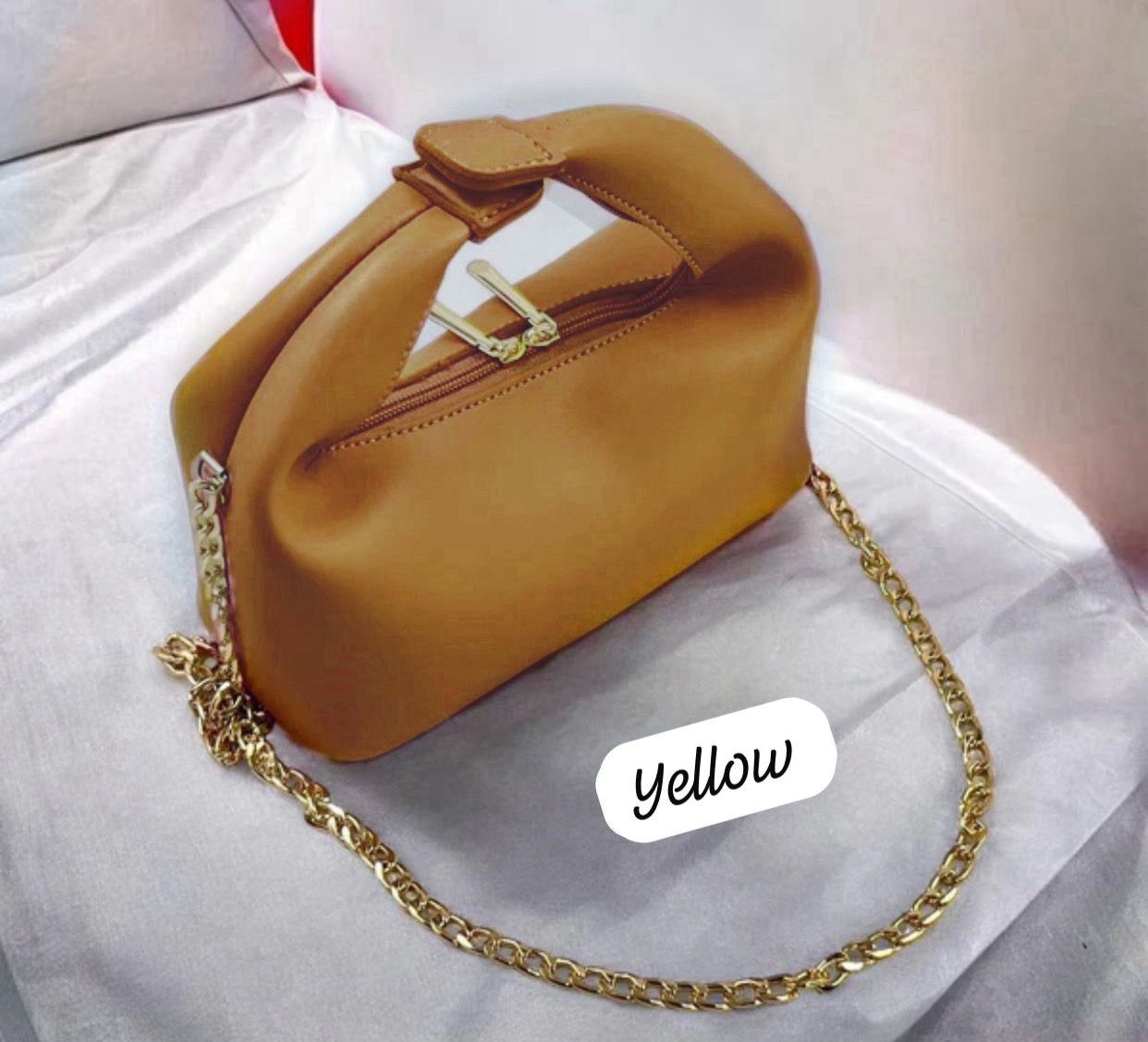 "Elegant Coffee Brown Handbag with Gold Chain Strap – Soft Leather Finish