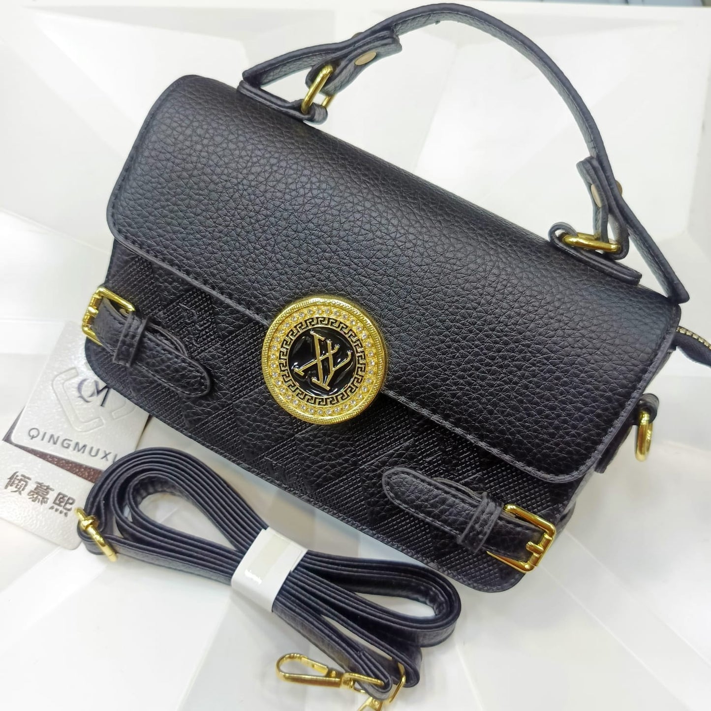 Elegant Monogram Top-Handle Bag with Gold Accent