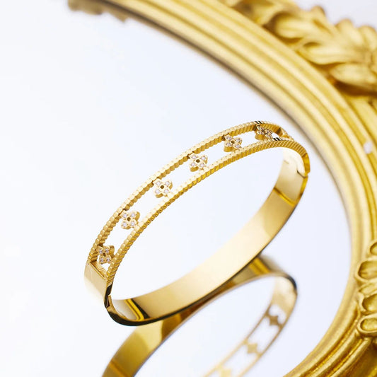 Floral Stone Strip Handcuff Bangle  Durable Stainless Steel