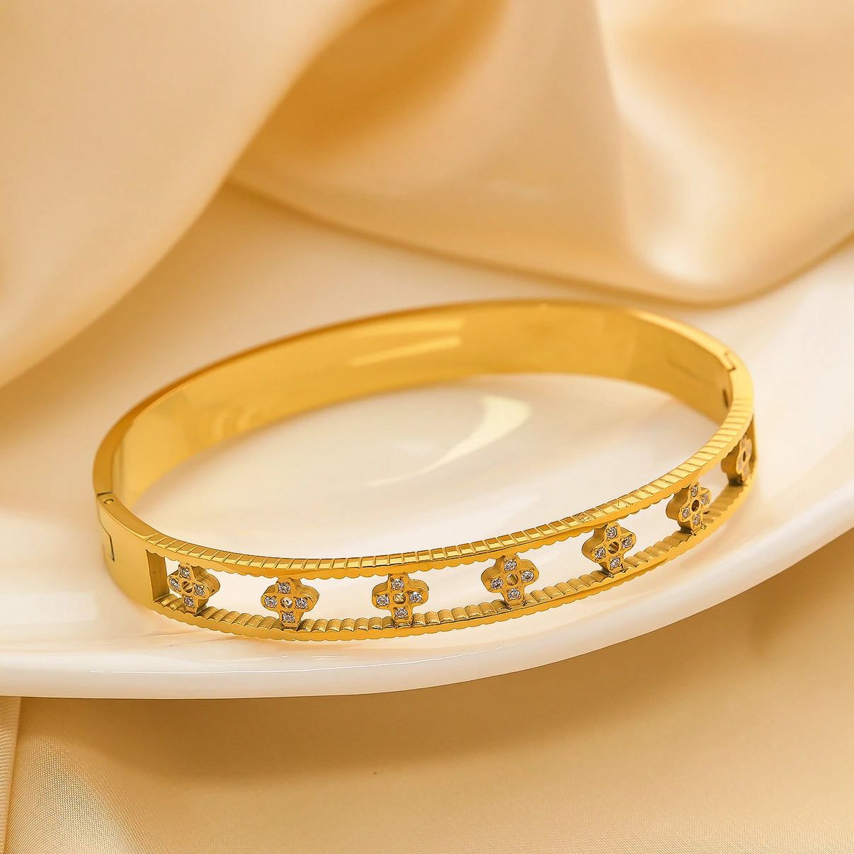 Floral Stone Strip Handcuff Bangle  Durable Stainless Steel