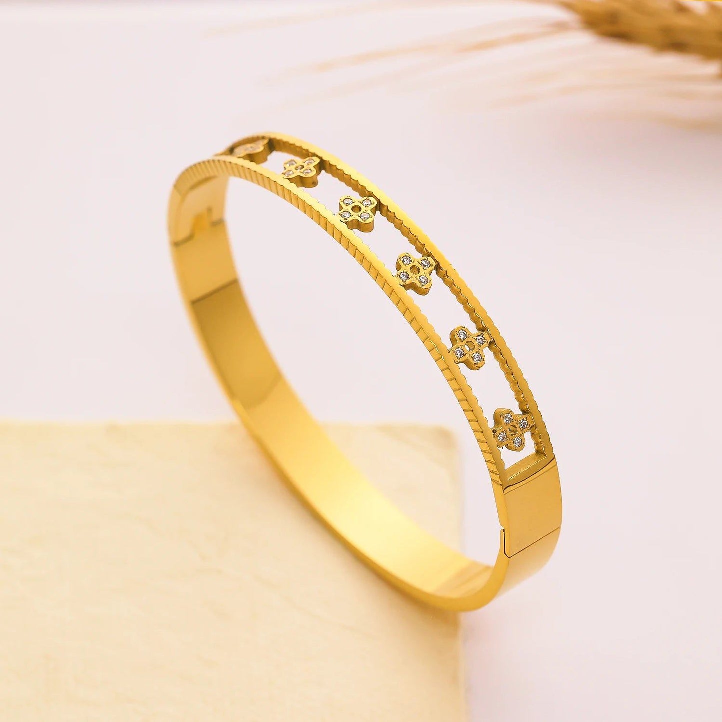 Floral Stone Strip Handcuff Bangle  Durable Stainless Steel