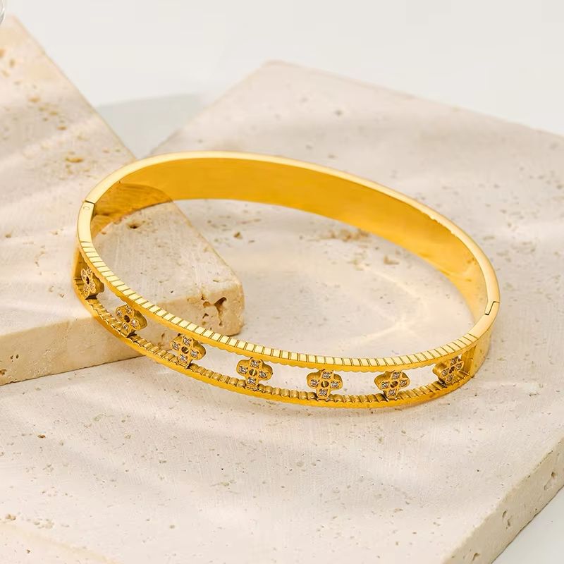 Floral Stone Strip Handcuff Bangle  Durable Stainless Steel