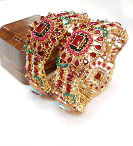 Colorful Elegance Metal Bangles   with Stone Detailing   Set of 2 (7 Color Variants)