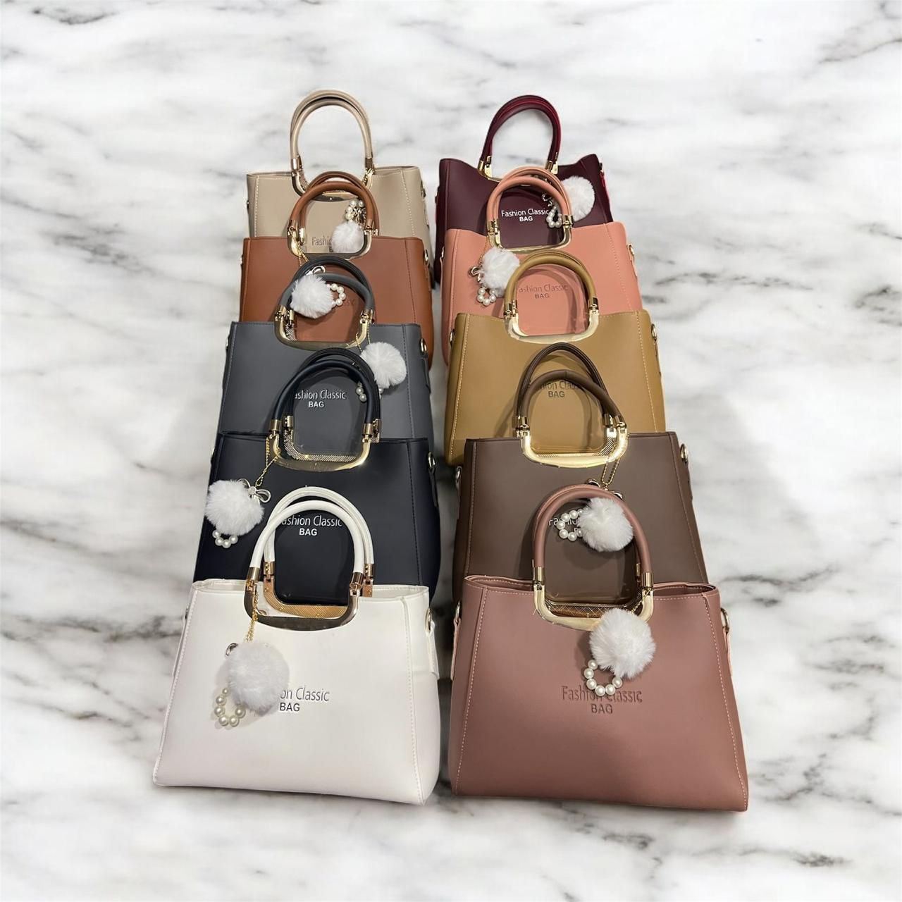 "Elegant Fashion Classic Handbag with Gold Handle – 10 Premium Colors + Pom-Pom Charm"