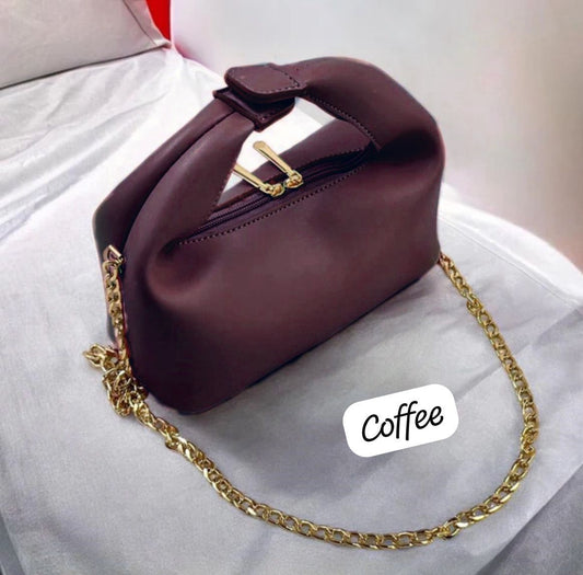 "Elegant Coffee Brown Handbag with Gold Chain Strap – Soft Leather Finish